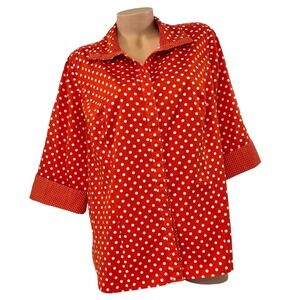 Lane Bryant Womens Size 20 Coral Orange Polka Dot 3/4 Sleeve Button Up Shirt